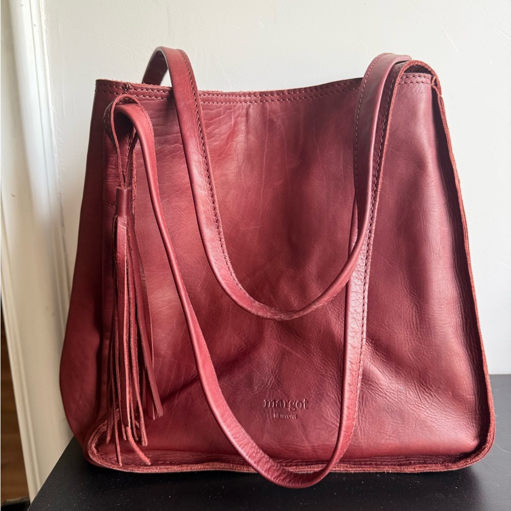 margot Leather Shoulder Tote in Wine Red with Tassel